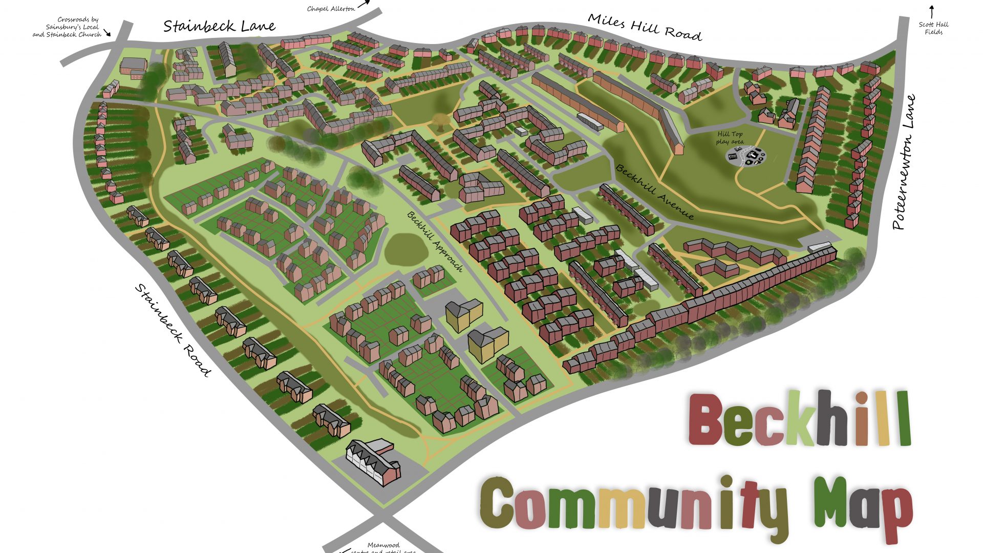 A graphically designed map of the Beckhill estate in Meanwood, Leeds.