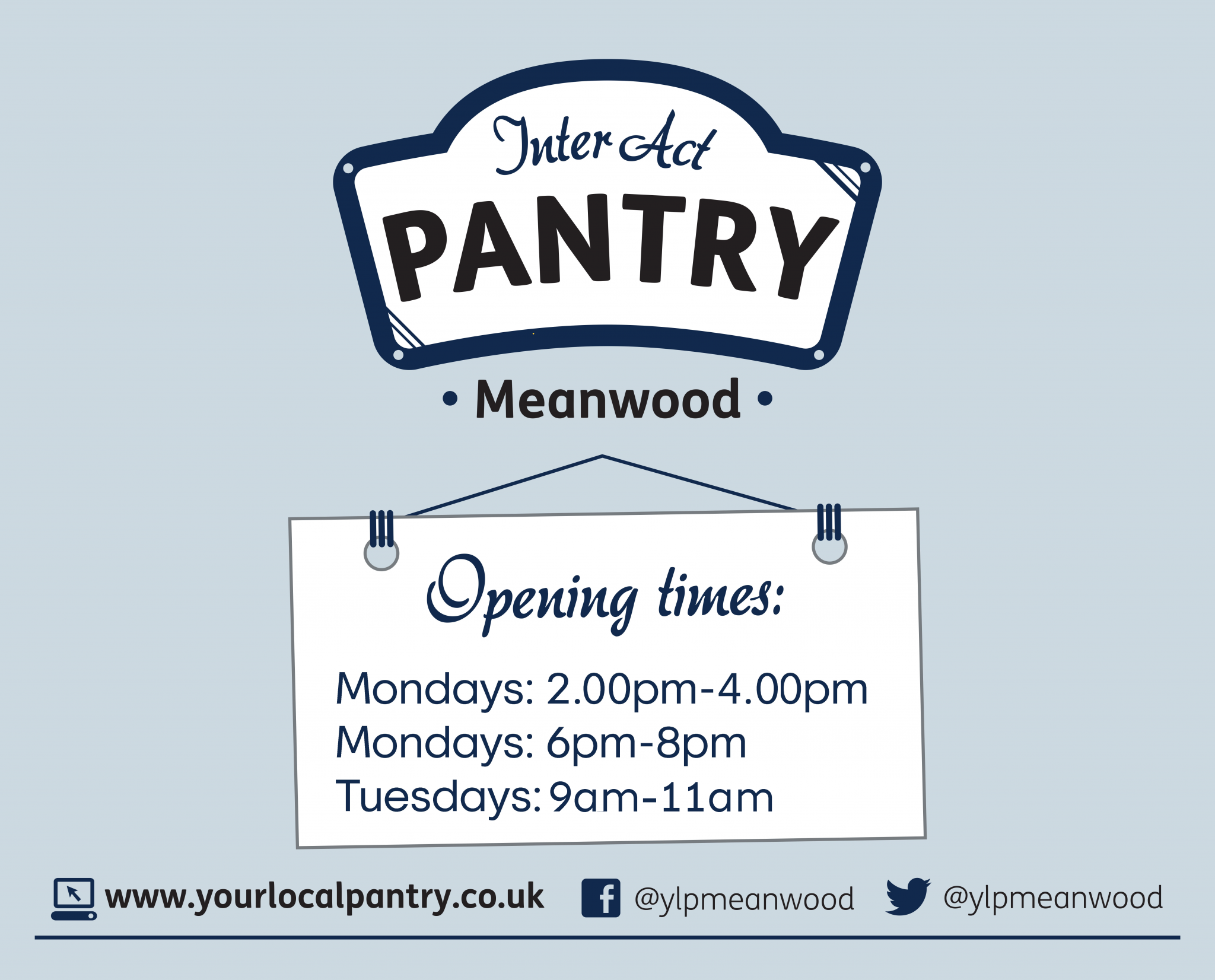 Sign showing opening times Monday 2.00pm-4.00pm and 6-8pm and Tuesdays 9am to 11am
